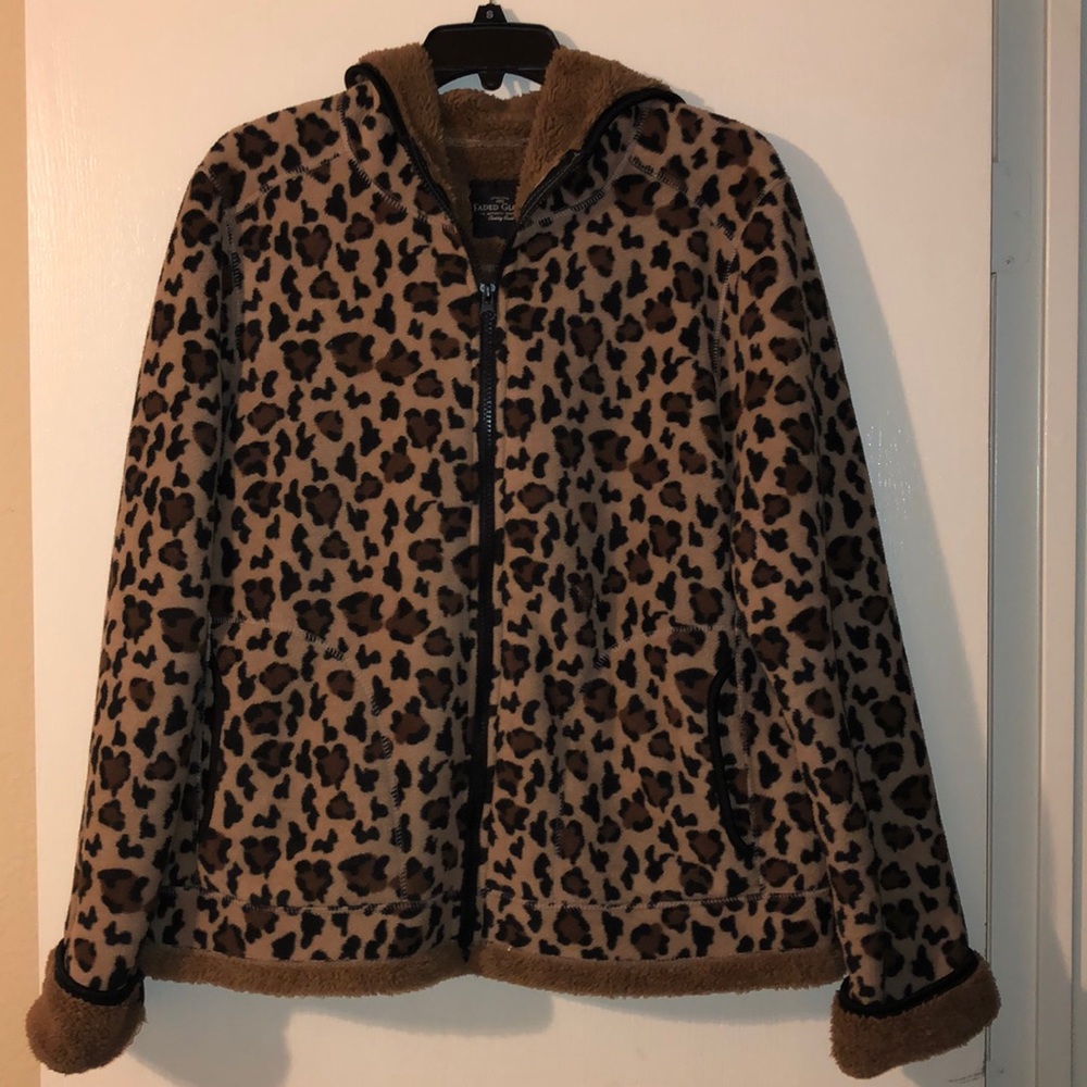 Fuzzy Leopard Print Hooded Zip Up Jacket Sweater
